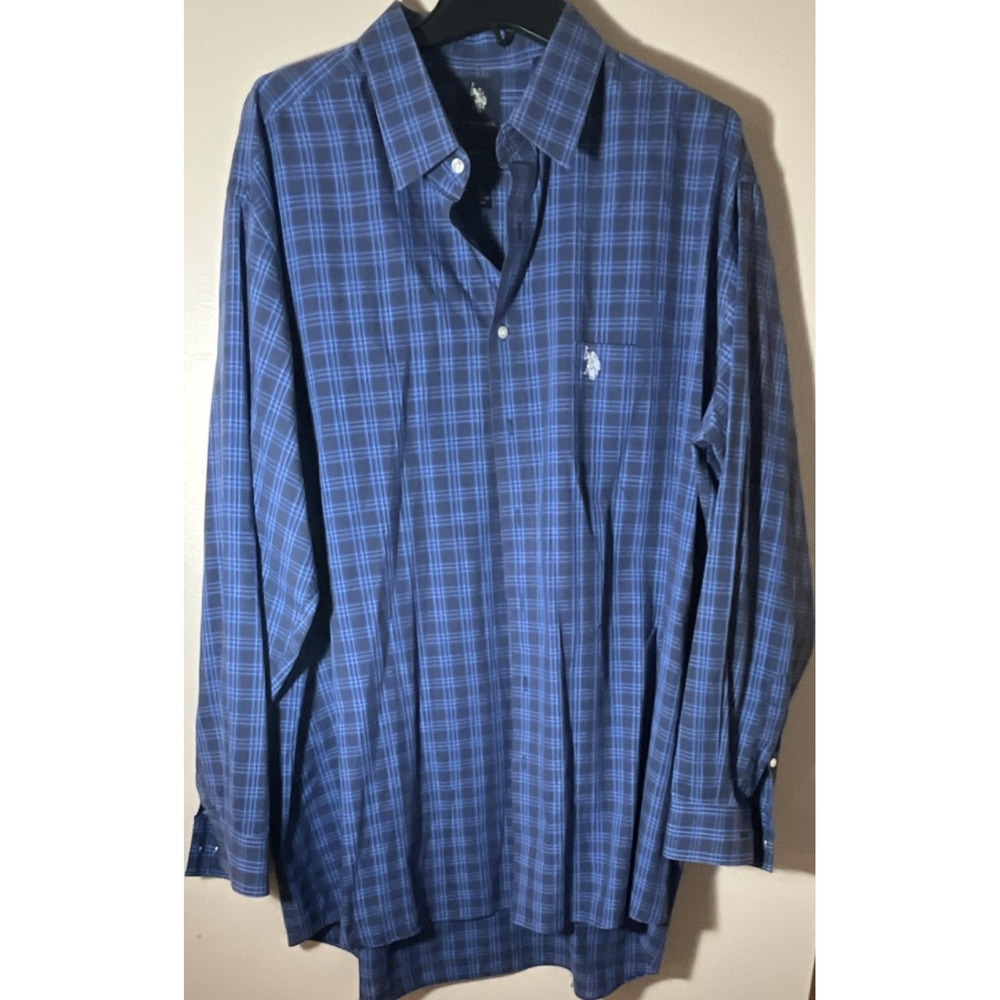 U.S. Polo Assn. Men's Dress Shirt 2XLT Blue Plaid Slim 18-18 1/2 36/37